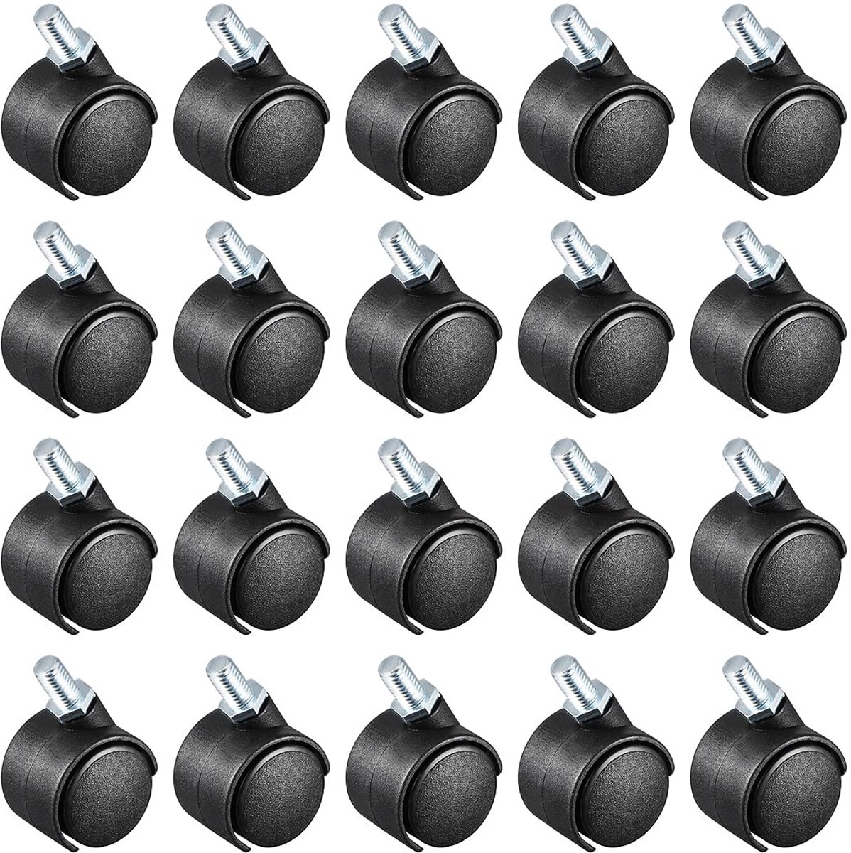 20 stuks Nylon zwenkwielen met dubbel wiel en draadstang, ideaal voor kasten, schappen en dagelijks gebruik, (Zwart, M6x15mm)