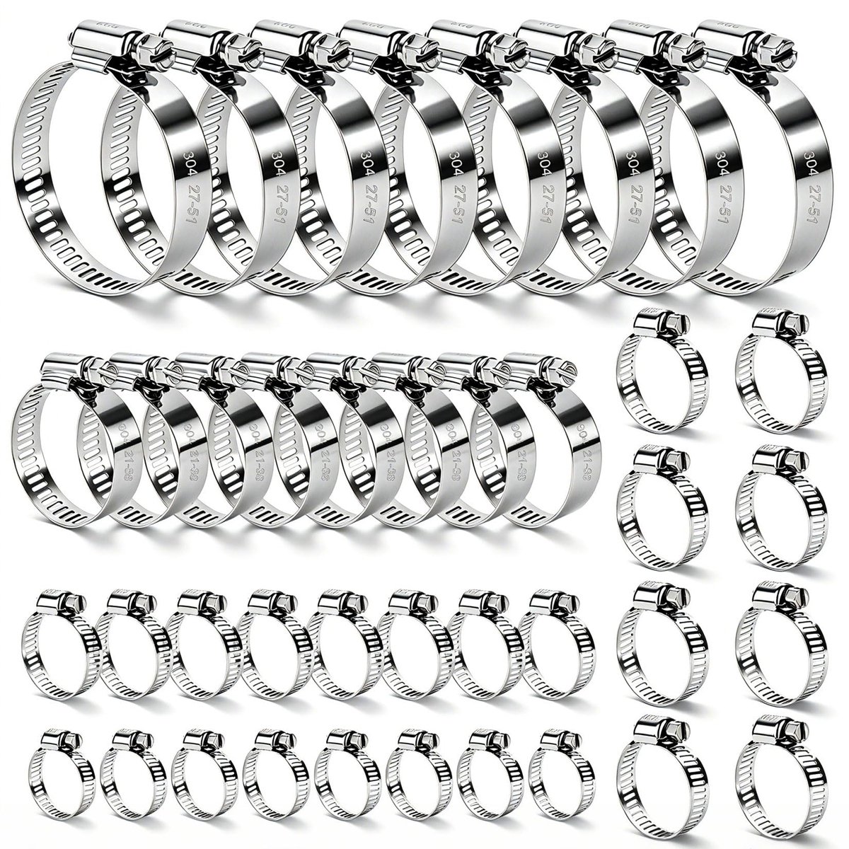 40 stuks slangklemmen, 6-51 mm, slangklemmen, 304 roestvrij staal, schroefklemmen voor wasmachine en zwembad (7 maten)