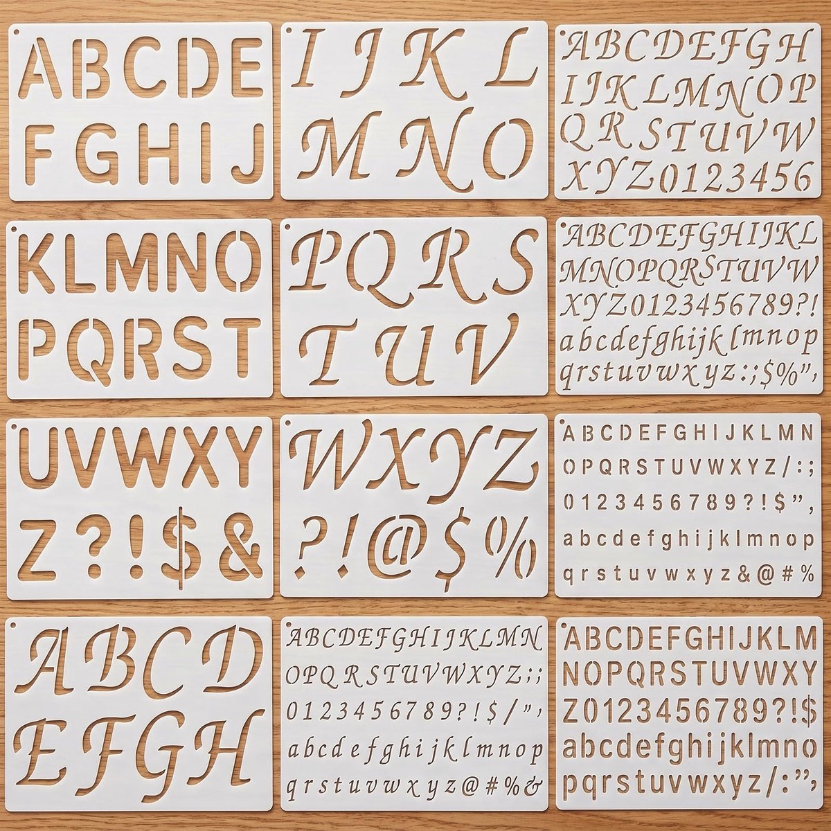 15 stuks alfabetsjablonen in 15 verschillende lettertypen, designs, schildersjablonen, sjablonen met cijfers, symbolen, patroon voor doe-het-zelf scrapbook, knutselaccessoires, tekenen