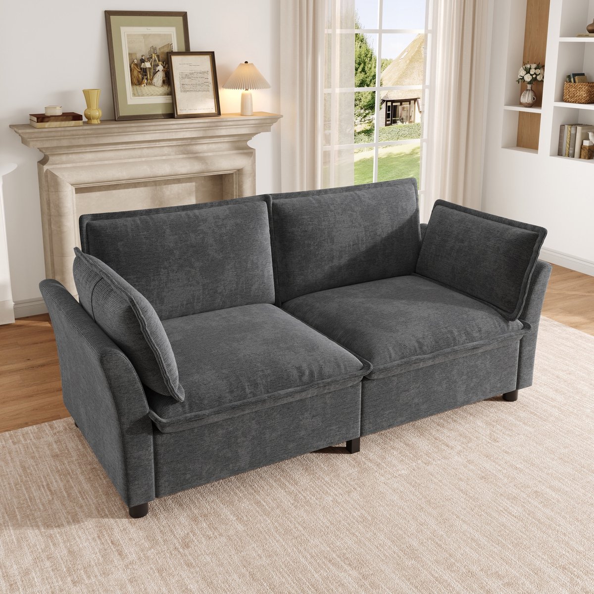Moderne tweezitsbank - fauteuil - met zitkussen - met 2 armleuningskussens - grijs