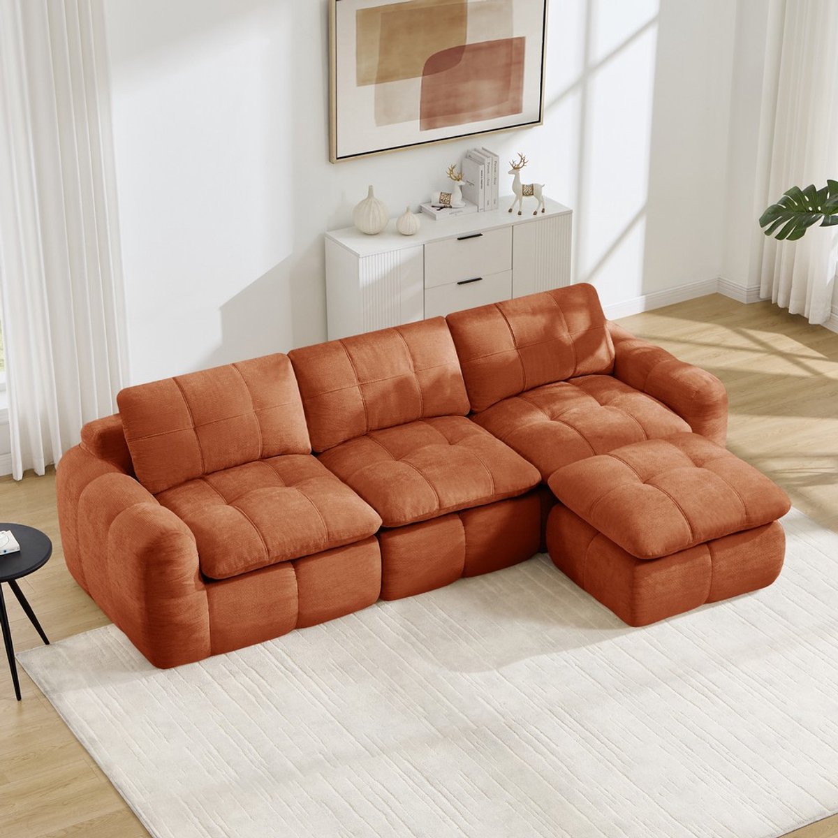 Pugsdrly - 3-zits L-vormige modulaire bank - frameloos ontwerp - huidvriendelijke zachte chenille-bekleding - vulling van 32D hoogdicht schuim - kant-en-klaar inclusief 1 poef - geschikt voor woonkamer en appartementen - kleur oranje