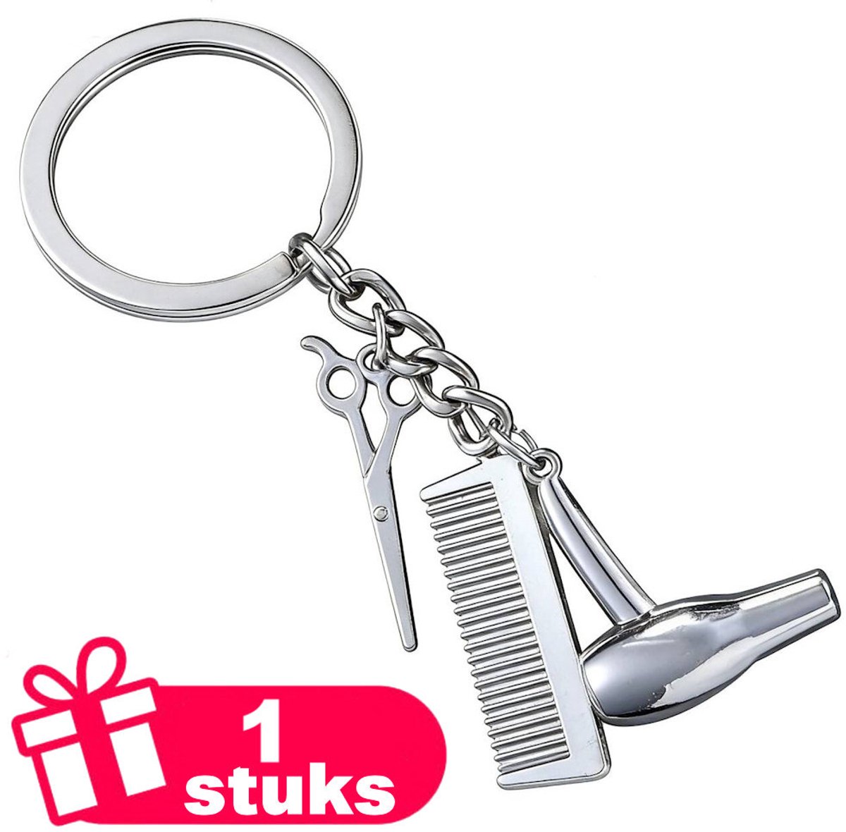Decopatent - Premium Keychain - Metalen Sleutelhanger Kapper Set - Föhn, Schaar & Kam - Luxe Keychain - Sleutelring - Cadeau voor Kappers - Zilverkleurig