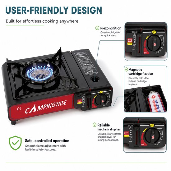 Camping Kooktoestel Draagbaar Gasfornuis - 1-Pits Campinggasfornuis met Draagkoffer - Camping Benodigdheden & Kookgerei voor Outdoor, Reizen en Familieactiviteiten - Campingwise van Camping — afbeelding 3