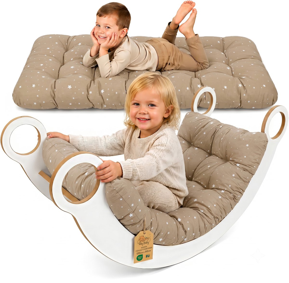 Klimboog kussen & vloerkussen voor kinderen 60x120 cm - vloermatras omkeerbaar – zitkussen voor de wipstoel spelen lezen ontspannen kinderkamer katoen Oeko-Tex Beige met witte sterren