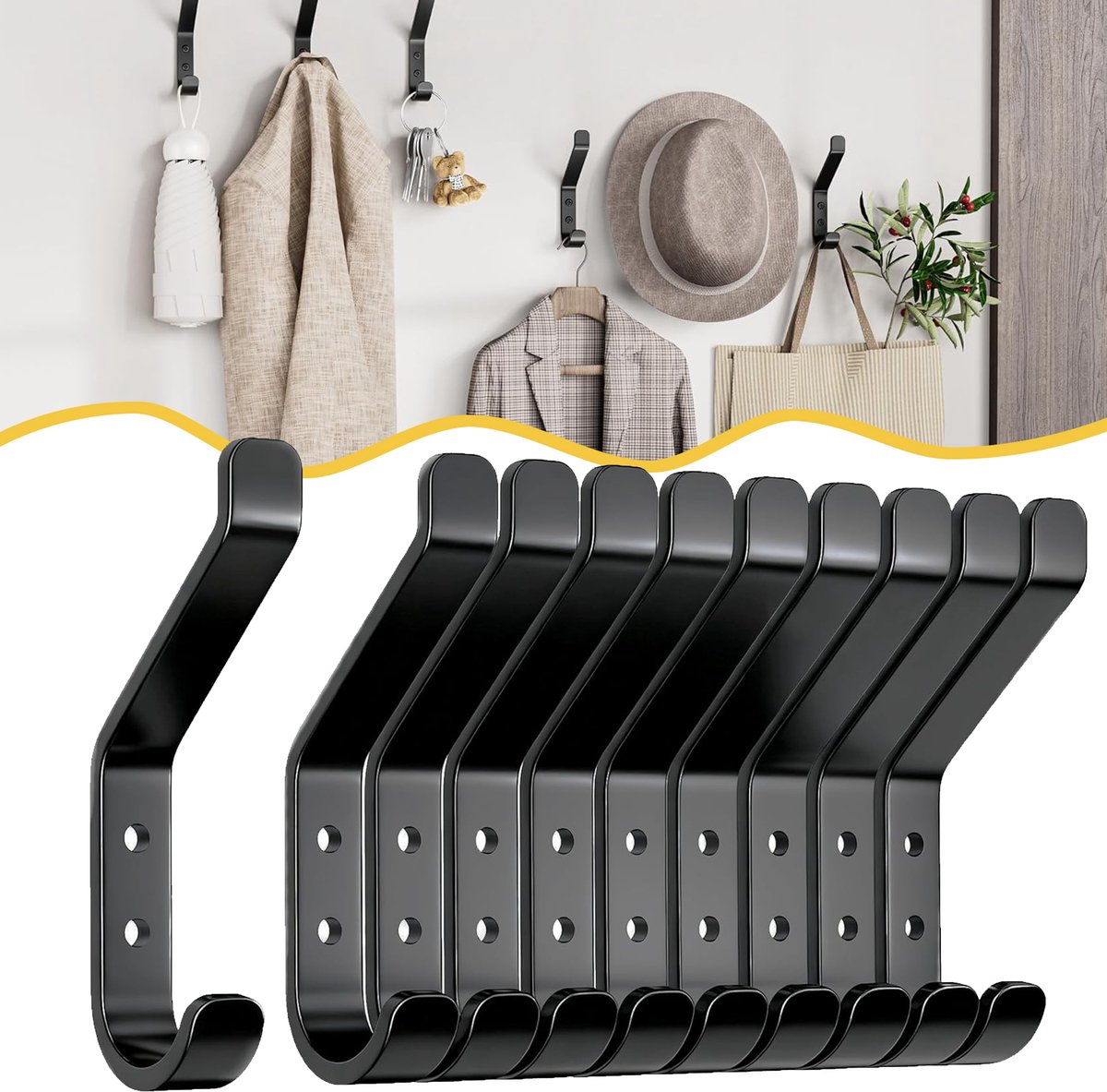 Set Van 10 Zwarte Muurhaken - Metalen Ophanghaken - Handdoekhangers - Losse Hangers Voor Kleding Jassen En Handdoeken