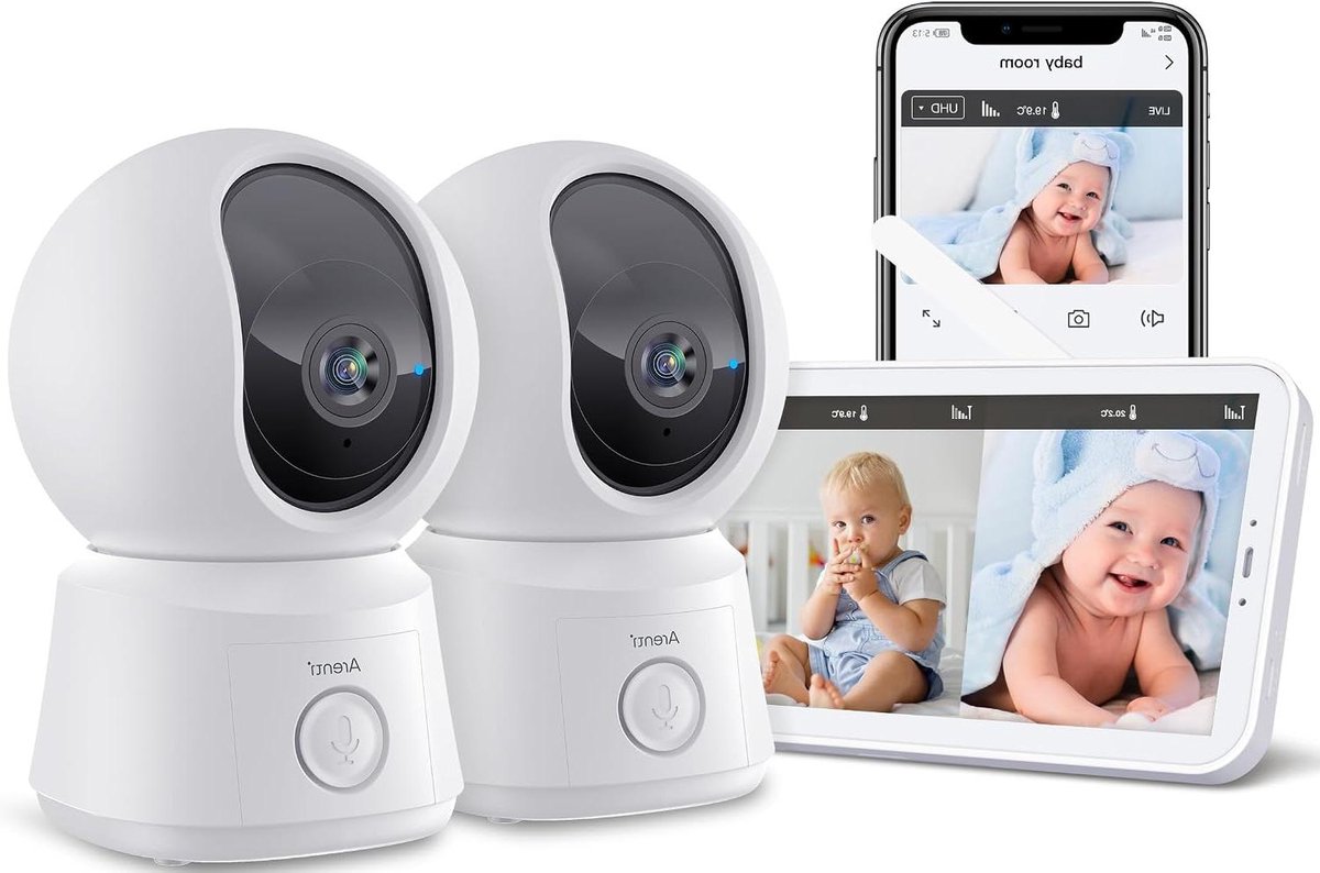 Videobabyfoon met camera - Baby monitor - Babykamer bewaken - Dubbele camera PTZ - 5 inch scherm - Wit