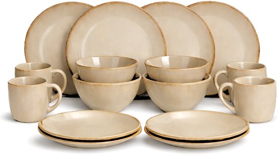 Een 16-delige set beige steengoed servies, inclusief borden, kommen en mokken.