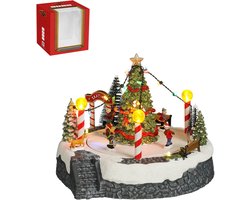 Luville Kerstdorp Kerstboomscène met Schaatsbaan - Kerstversiering met Bewegende Figuren en LED-verlichting - Guirlande op Batterijen - Kerstslingers voor Binnen - 22 x 22 x 18,5 cm - Wit
