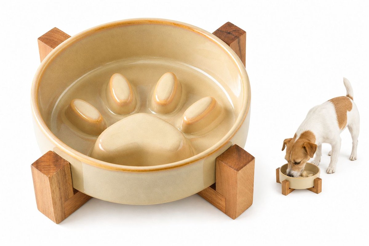 VHV - Slowfeeder hondenbak verhoogd - Keramische voerbak 5,1 inch met bamboestandaard - grijs