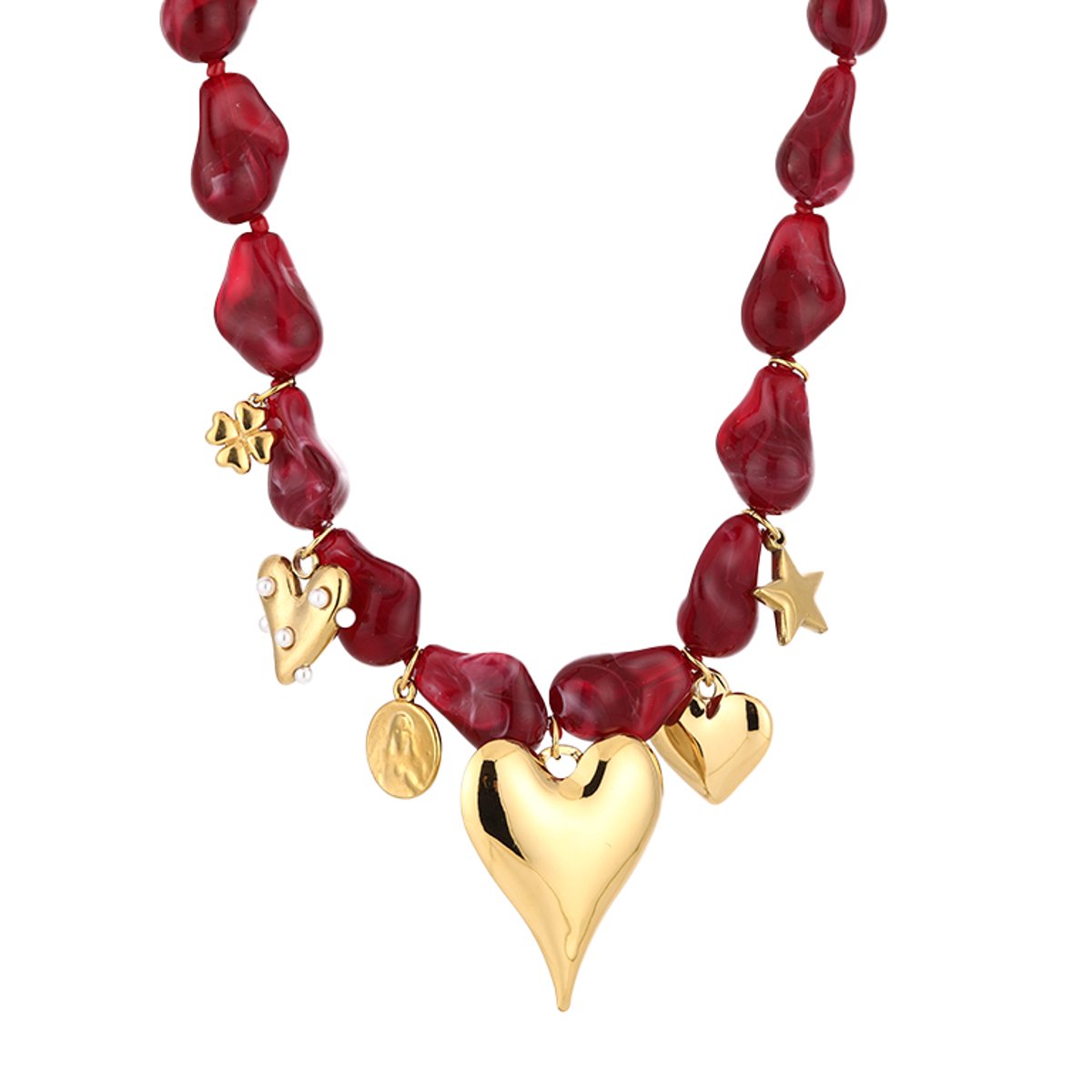 Irregular Bead Charms Necklace – Kralen Ketting met Bedels – RVS - Bordeaux