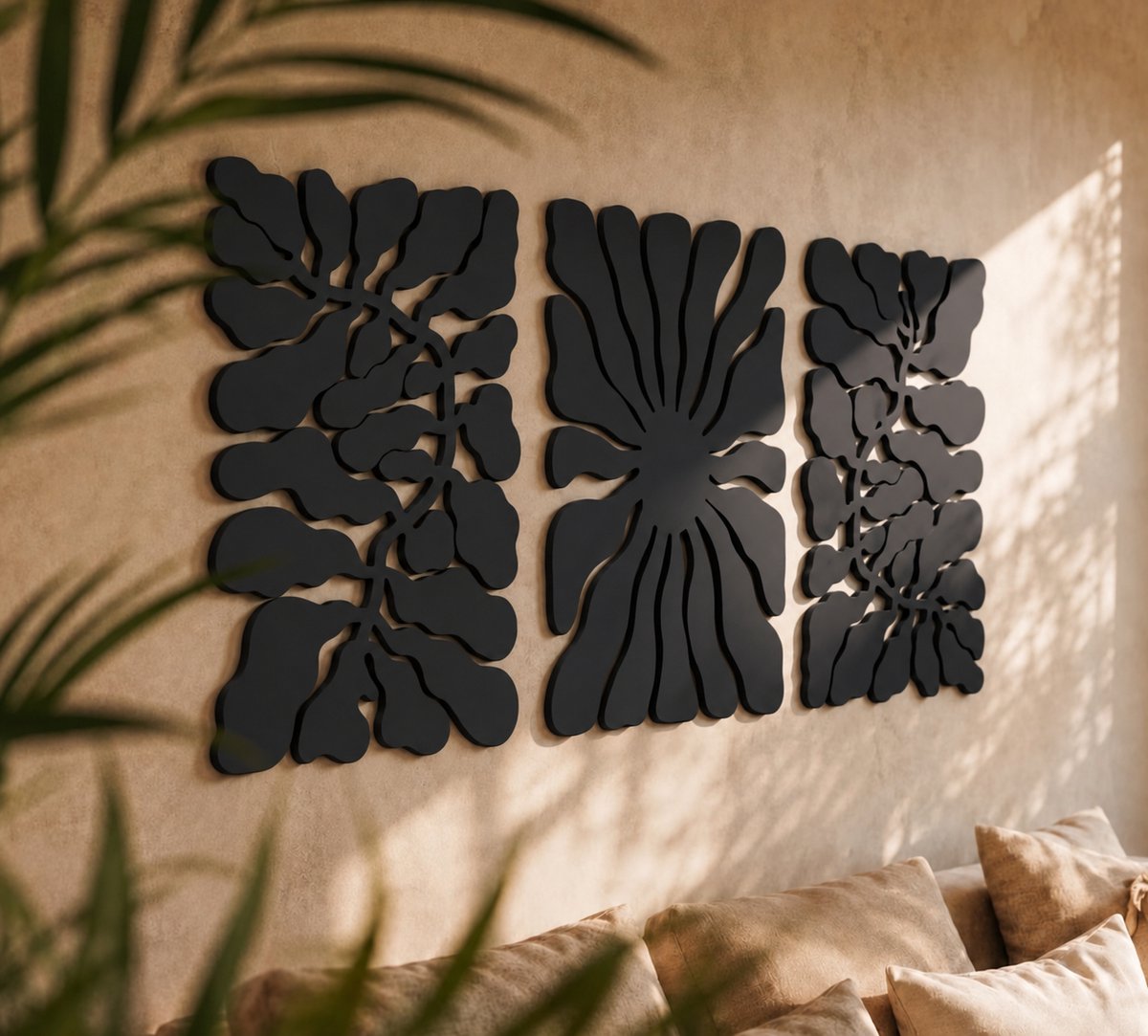 Organisch drieluik - Muurdecoratie - Wanddecoratie - Muurdecoratie woonkamer - Schilderij - Zwart - Muurdecoratie slaapkamer - Abstract - Industrieel - Wanddecoratie hout natuurlijk - Wanddecoratie buiten - Wanddecoratie tuin - Keuken