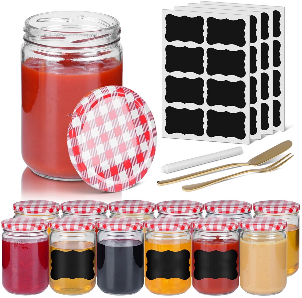 Froadp 240ML Met Deksel Marmeladekruiken 24 Stuks, Glazen Bewaarpotten Set met Etiketten, Stift, Spatel en Vork voor Voedselopslag, DIY, Cadeaus, Decoratie - Rood