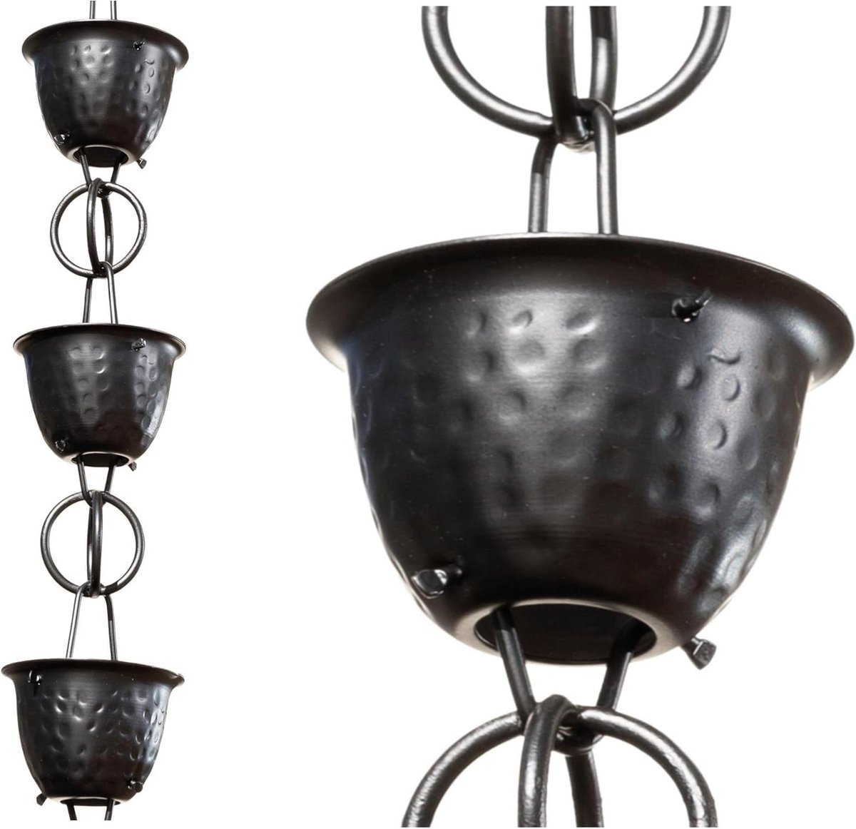 Regenketting Aluminium - Decoratieve Regenpijp - Waterafvoer Tuin - Gehamerde Cups - 259 cm - Zwart