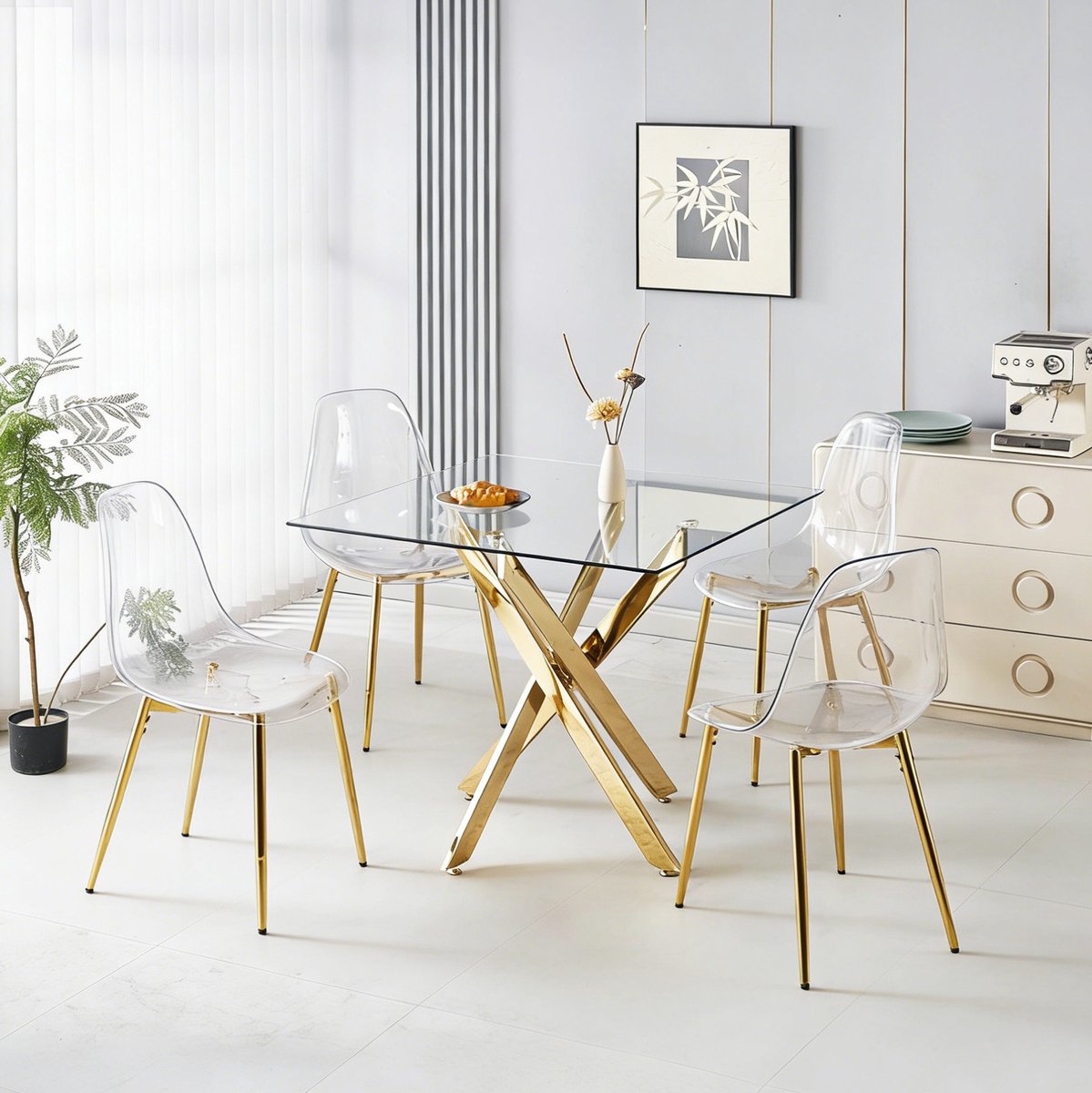 REDOM- Set tafel en stoelen - 1 tafel en 4 stoelen - Glazen tafelblad - Hoge rugleuning - Modern - Eetkamer - Metaal en kunststof - Goud en transparant - 81,5 x 48 x 45 cm