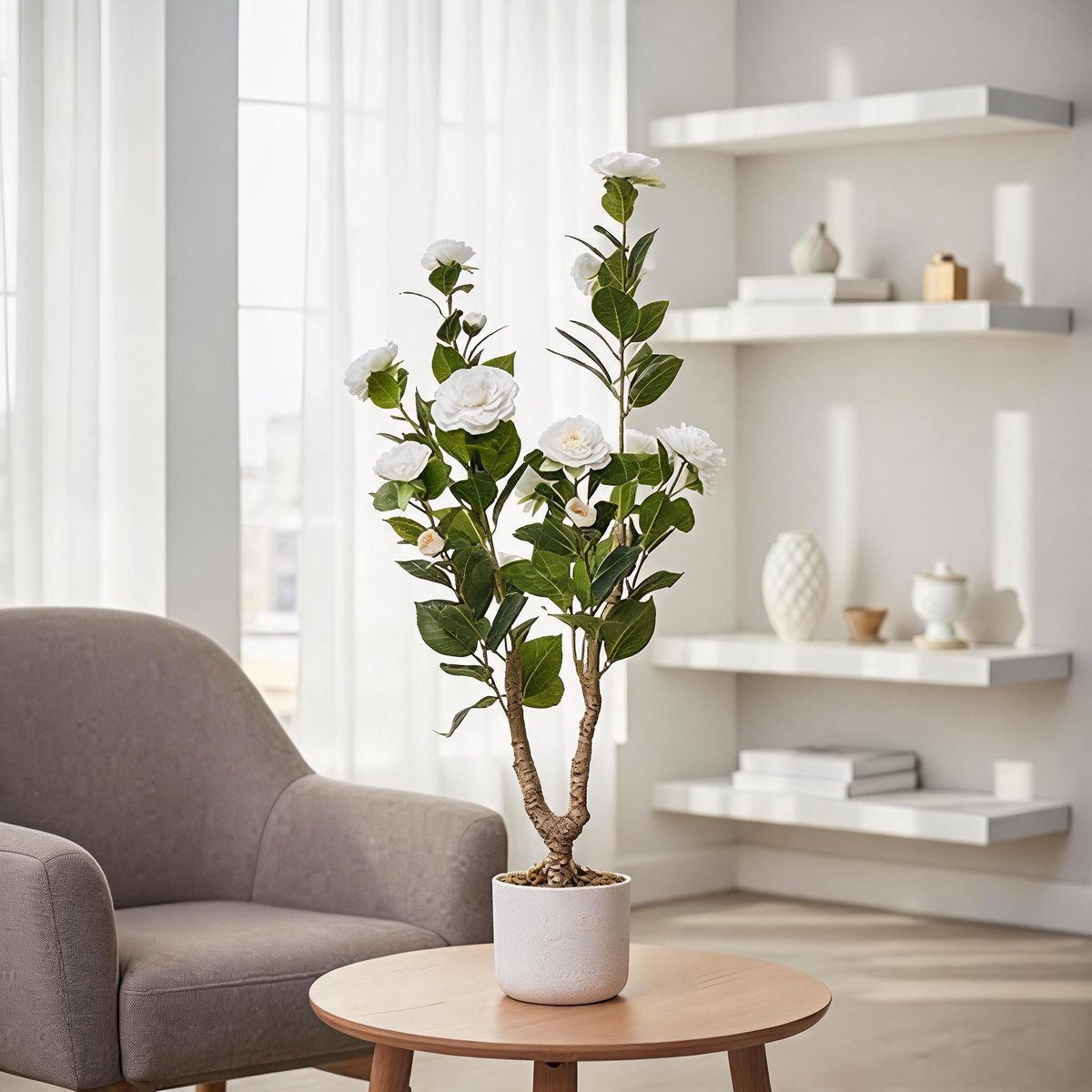Danky - Kunstplant in pot‑90cm‑wit‑uv‑bestendig‑buiten‑kunstcamellia‑tuindecoratie