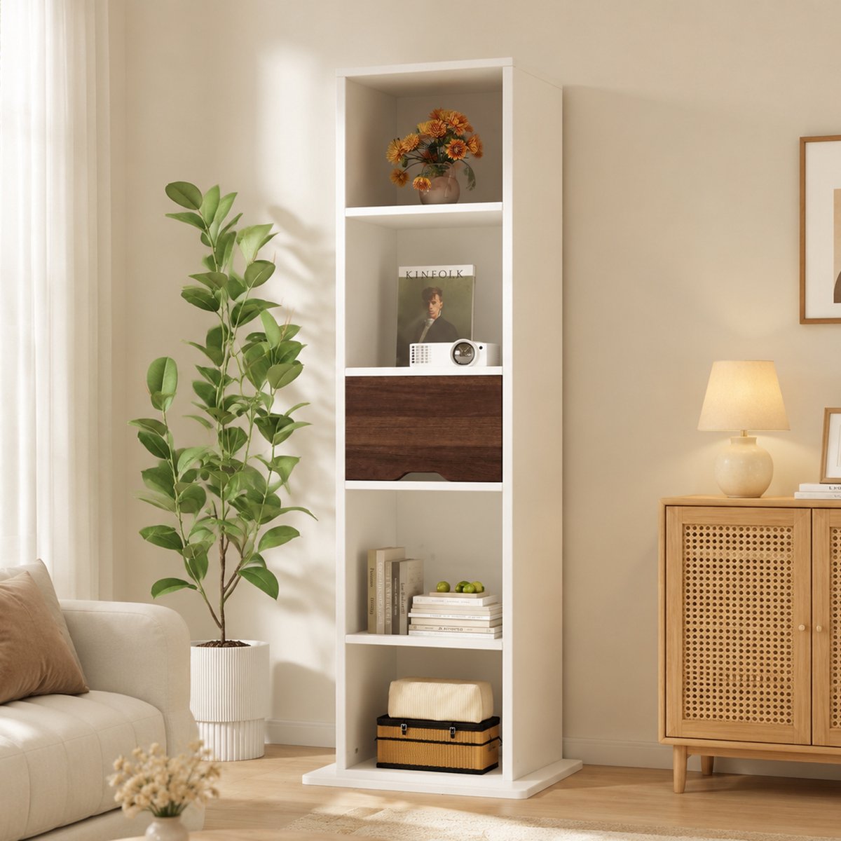 Sweiko Vitrinekast - Opbergkast - 360° draaibaar - Met passpiegel - Open schappen - 45 × 45 × 168 cm - Wit