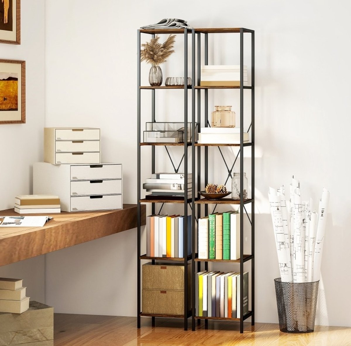 REDOM - Boekenkast - 6 niveaus - Open kast - Industrieel - Woonkamer, kantoor, slaapkamer - Carbonstaal en spaanplaat - Rustiek Bruin - 30 x 30 x 174,5 cm