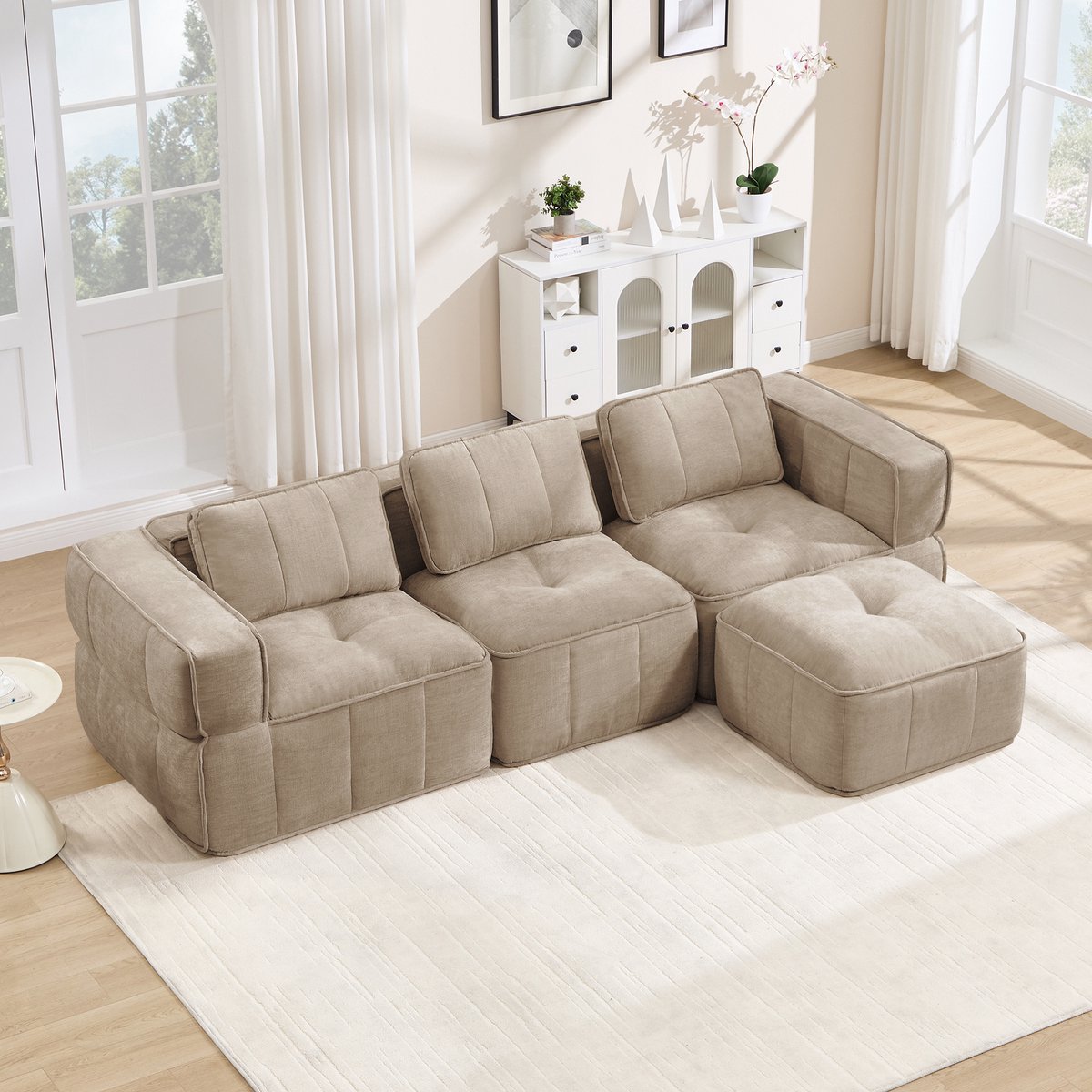 Moderne Hoekbank, L-Bank, 3-Zits bank, 3-Zits L-Vormige, Frameloze Modulaire Bank Met 1 Poef, Frameloos Ontwerp, 32D Schuim Met Hoge Dichtheid, Diepe Zitkussens, Comfortabele Stof, Ideaal Voor De Woonkamer-Sand
