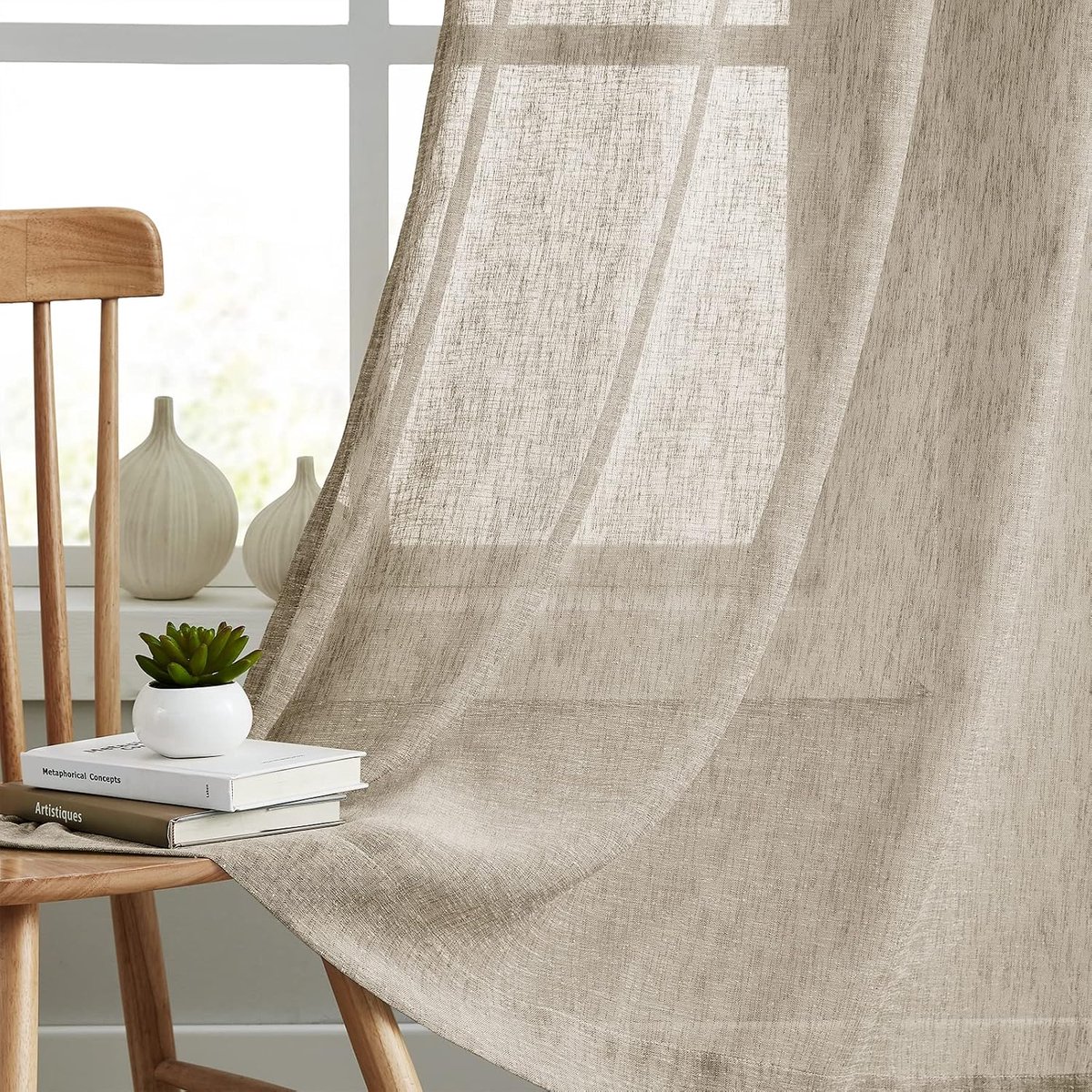Tan Linen Sheer Curtains 63 Inch Length for Bedroom, Living Room Natural Flax Textured Light Filtering Rod Pocket Burlap Sheer Voile Drapes, 52x63 Inch, 2 Panels