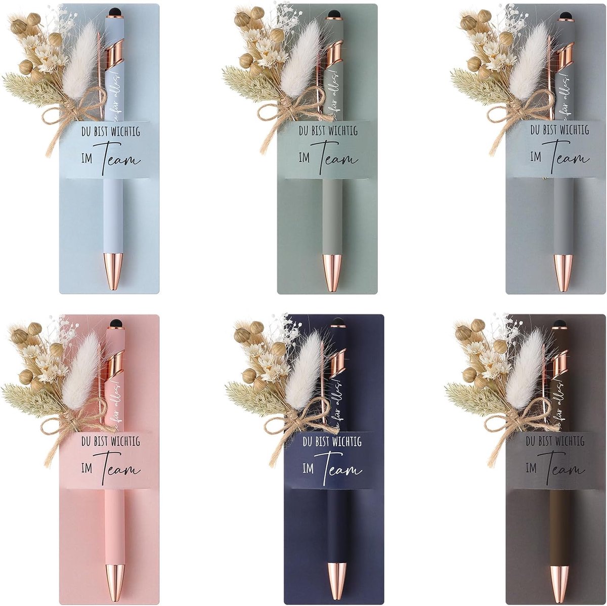 Bedankcadeaus voor Collega's en Teamleden Inclusief Touchscreenpen met Gravure Echt Boeket Gedroogde Bloemen Pennenhouder(6 Sets,Du bist wichtig im Team)
