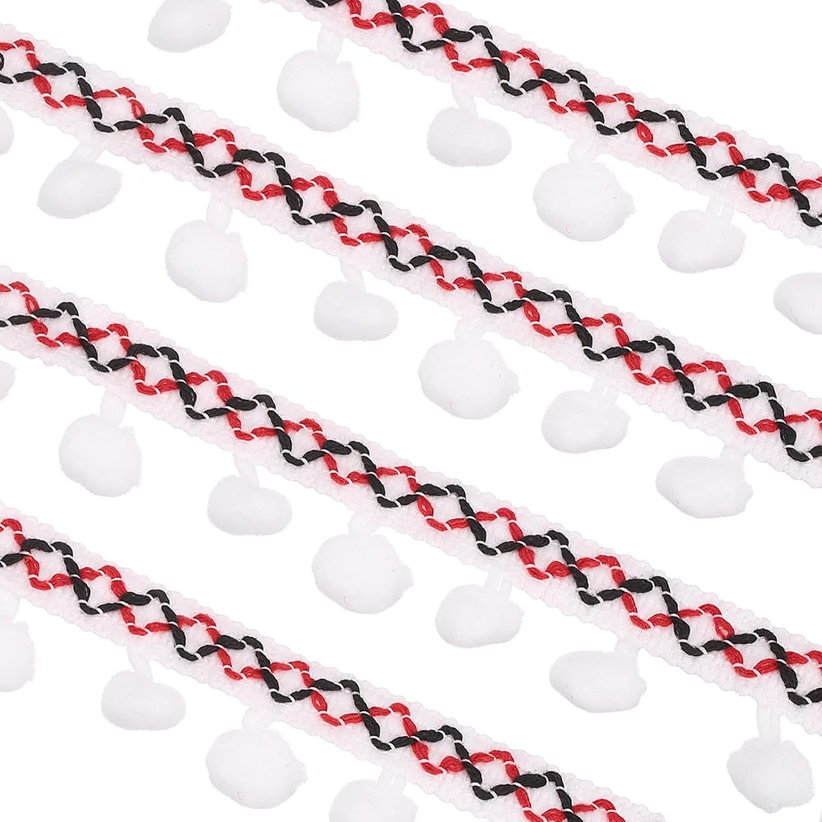 Franjesband met pompons, geborduurd, 9 m, franjes van polyester, geborduurd, voor knutselen, naaien, decoratie van kleding, kleurrijke basis met wit