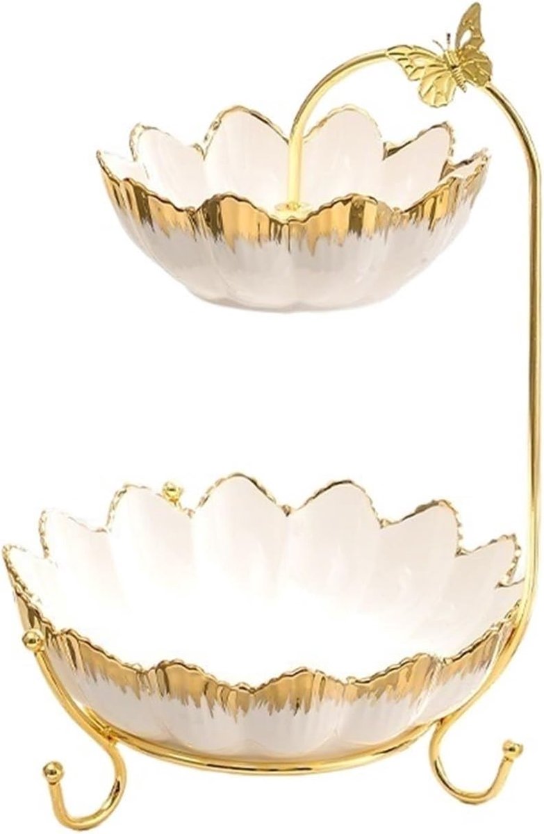 Fruitschaal Keramische etagère met metalen rek, fruitschaal, standaard for op het aanrecht, mand for groenten, snacks, noten, brood en snoep(Wit)
