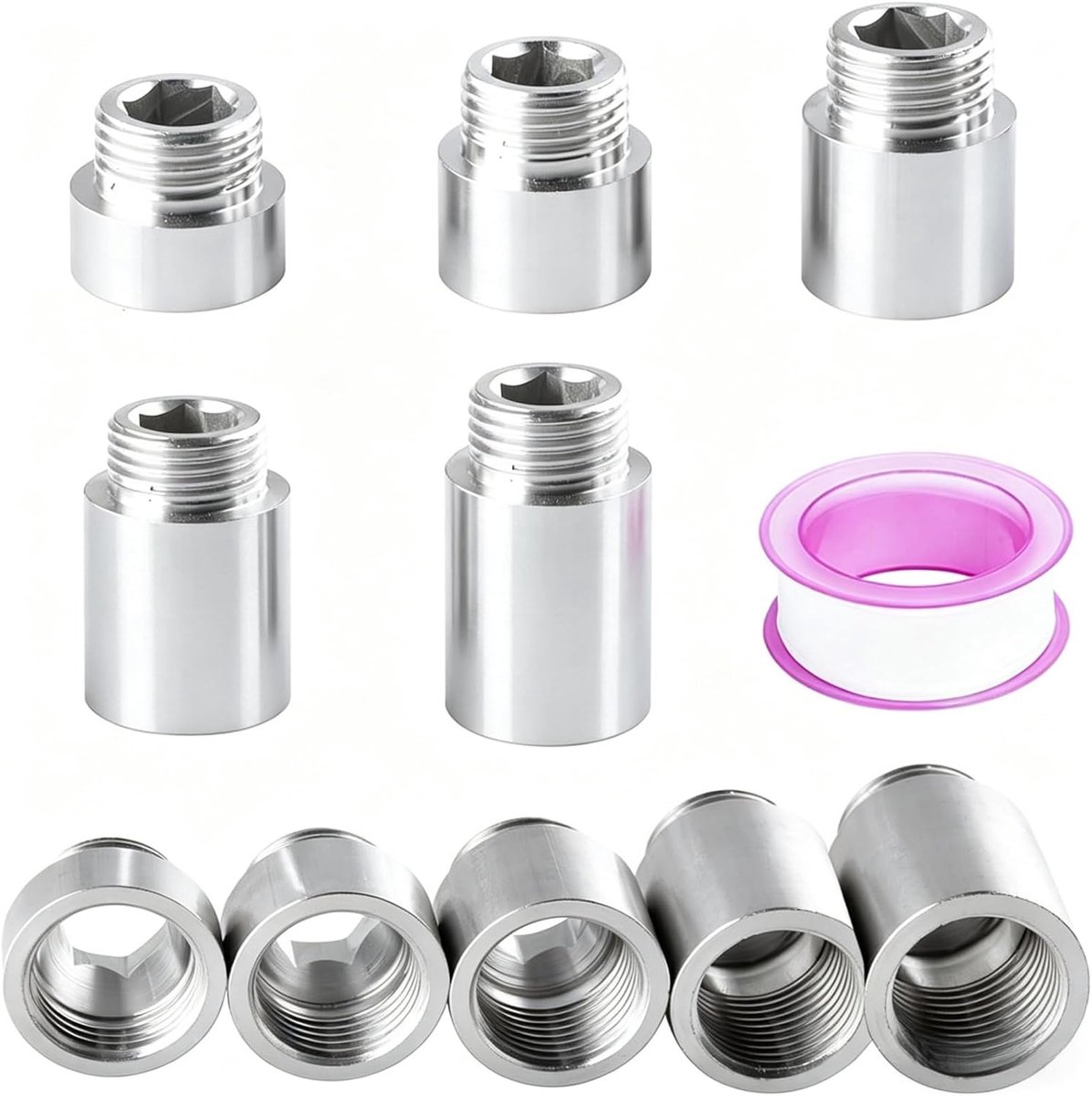 5 Stuks Kraanverlenging 1/2 inch, Messing kraanverlengstuk 10mm/15mm/20mm/25mm/30mm, Roestvrij stalen schroefdraad kraanverlenging 1/2 inch, Met bijgeleverde tape, voor kranen hoekventielen