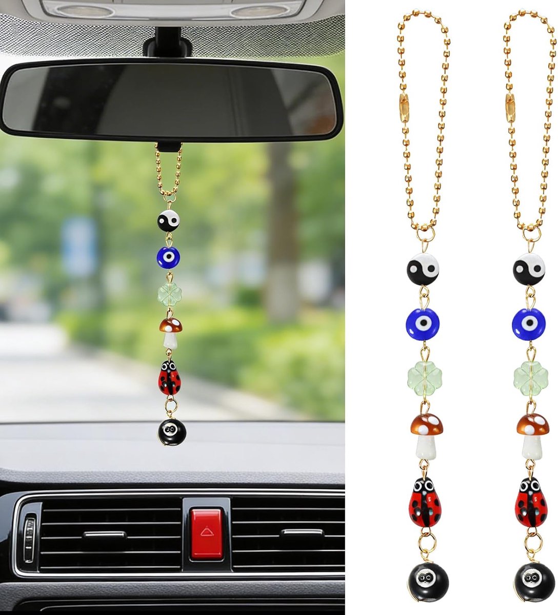 2STKS Kwade Oog Autospiegel Ophangend Accessoires, Gelukbrengende Dagen Achteruitkijkspiegel 8 Ball Paddestoel Vierblad Klaverboon Hanger Bedelliefd Charmant Boho Kwade Oog Lievelieveheersbeestje Yin