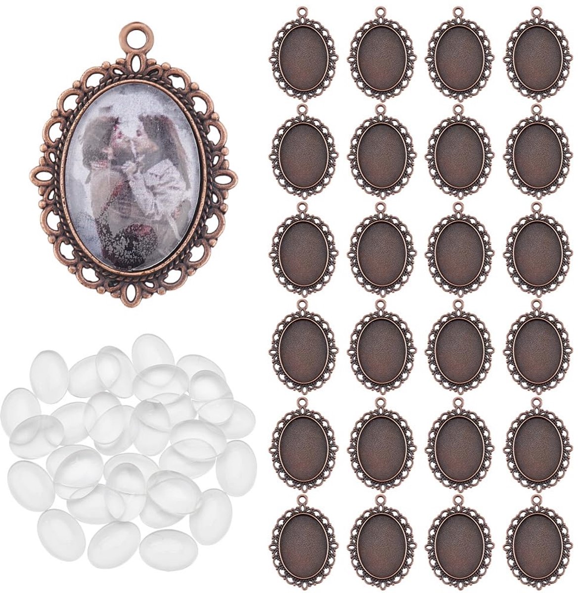 PandaHall Set met hanger met lunette, 60 stuks, 30 stuks hangers voor foto's ovaal dienblad, 30 stuks, ronde glazen kralen kappen van cameo-glas, lunette, hanger voor boeket, hanger sieraden,