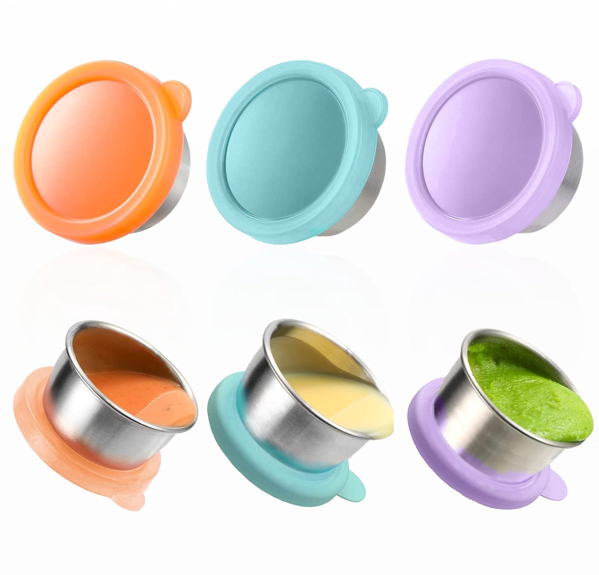 snackbox voor kinderen, 3 x 50 ml, kleine roestvrijstalen sladressing-container om mee te nemen voor de lunch, kruidenhouder met lekvrije siliconen deksel, herbruikbaar, BPA-v