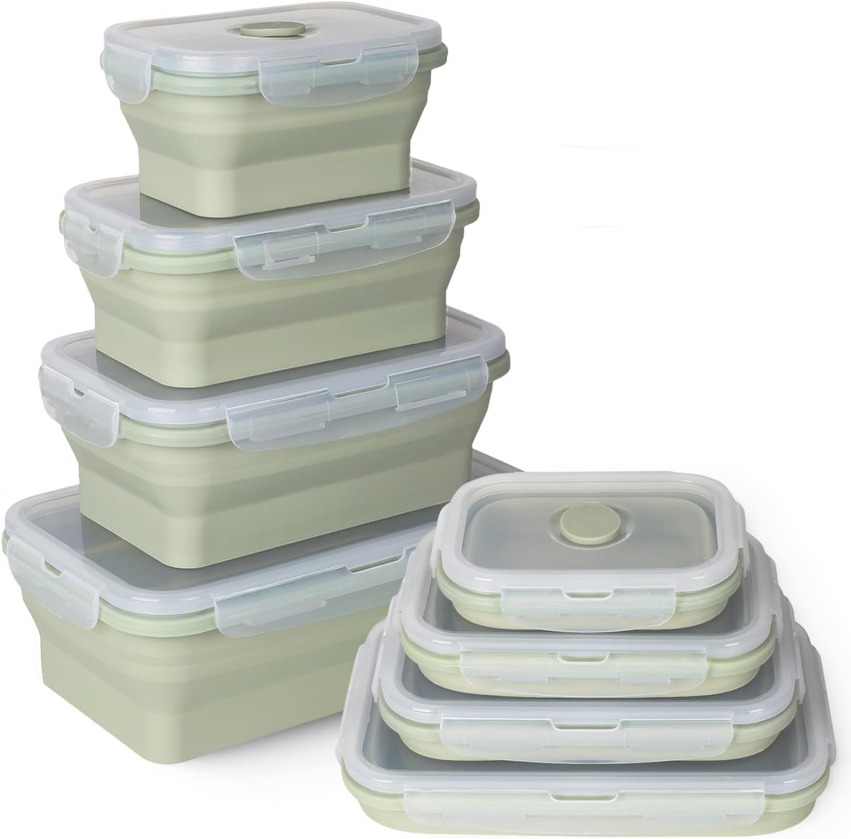 Set van 4 opvouwbare vershouddozen, bewaardozen met deksel, bento box van siliconen, opvouwbare broodtrommel voor magnetron, koel- en vriezer, lunchbo, groen