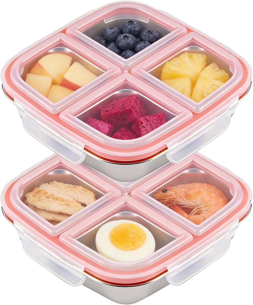 2 stuks snackbox met vakken, roestvrij staal, 600 ml, herbruikbare snackbox voor kinderen en volwassenen, lekvrije metalen bento-box met deksel voor school, werk, camping