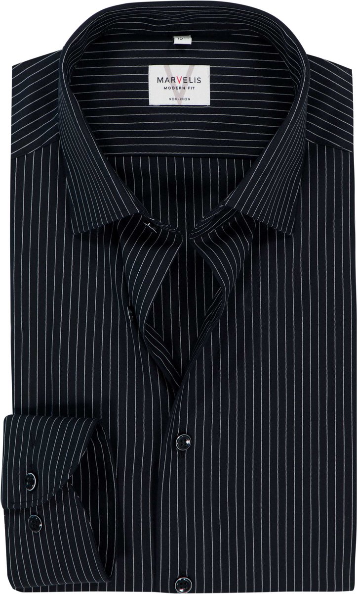 MARVELIS modern fit overhemd - popeline - zwart met wit gestreept - Strijkvrij - Boordmaat: 42 (EU maat: L)