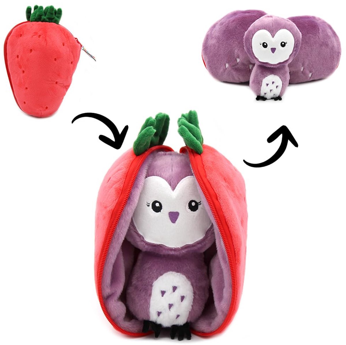 Knuffel Violet de uil/aardbei - Omkeerbare verstoppertje - Zacht pluche dier voor baby's - Cadeautips voor de geboorte