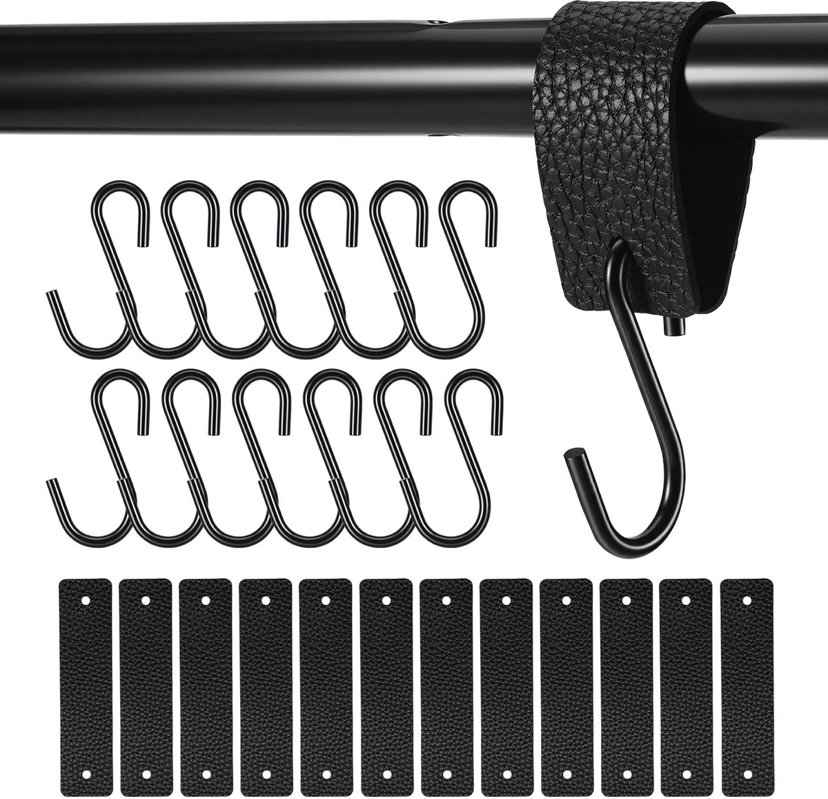 Haken met leren lussen, multifunctionele S-haken van metaal met leren ringen om op te hangen, ideaal voor keuken, badkamer, slaapkamer, balkon, kantoor en camping
