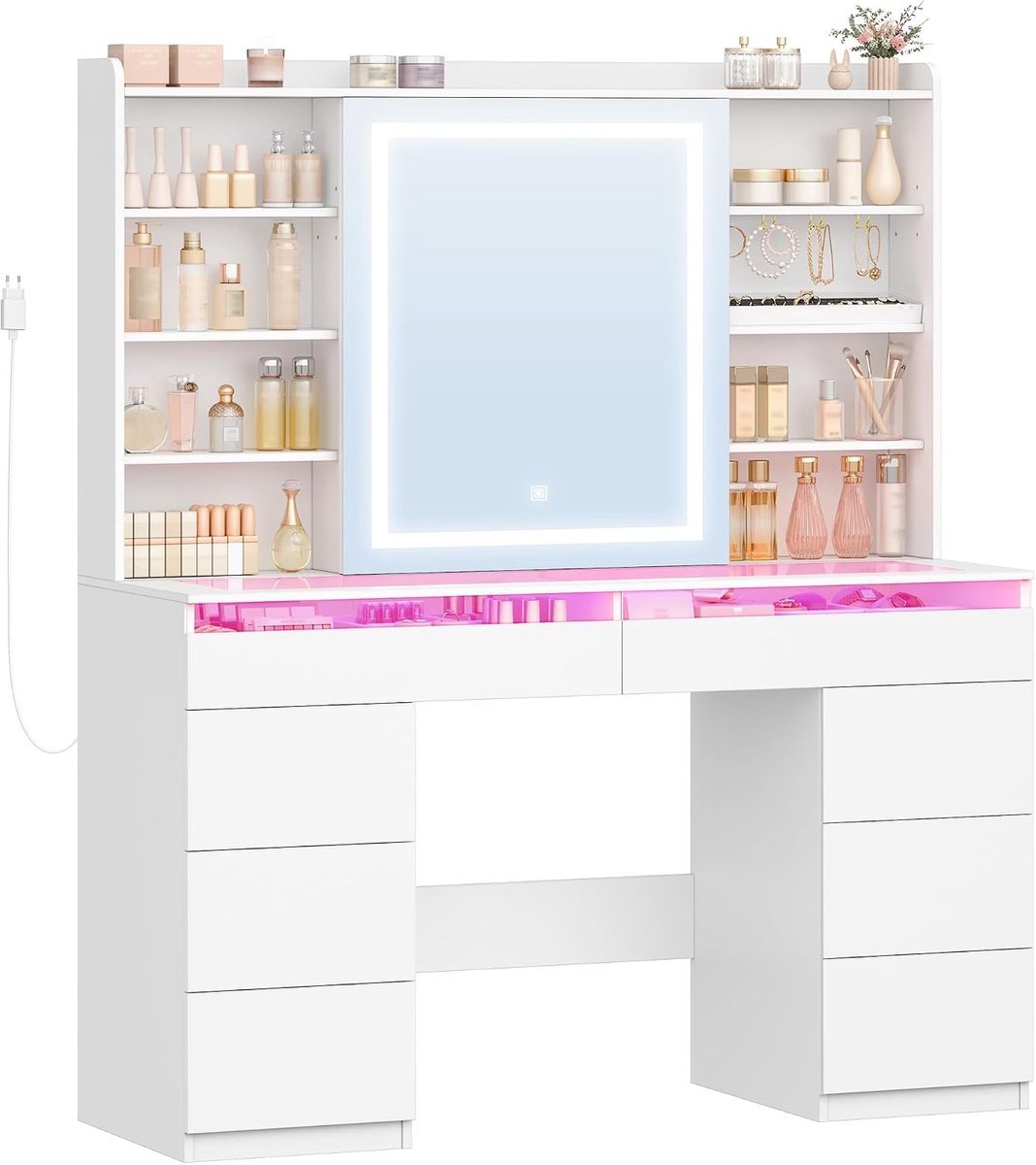 Hzuaneri Kaptafel met RGB-Verlichting en Glazen Blad, Kaptafel met Spiegel, 8 Lades en 9 Open Vakken, voor de Slaapkamer, 40 × 108 × 146 cm, Wit