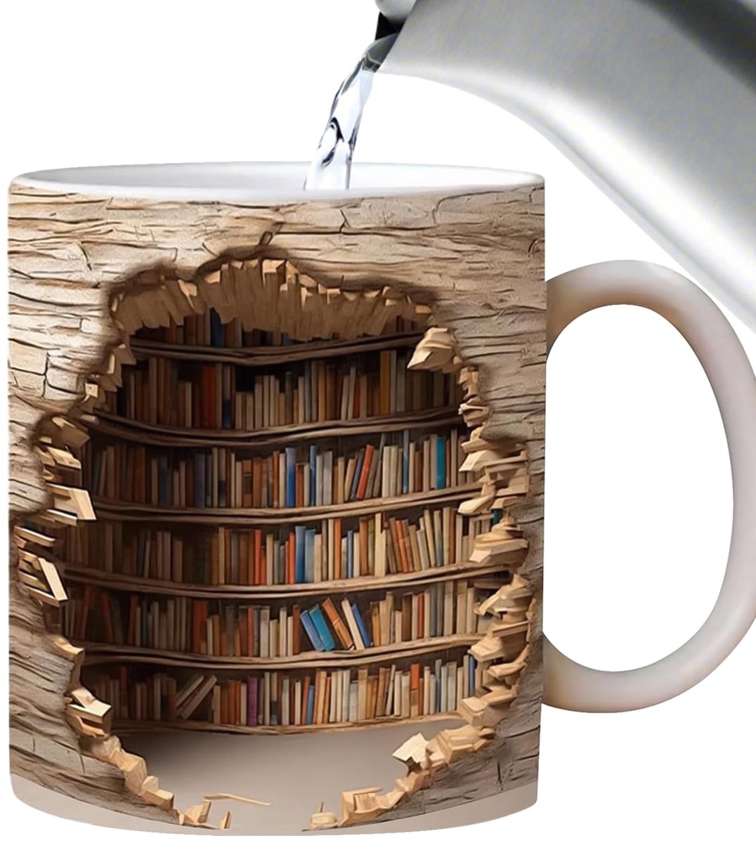 Keramische Koffiekop, 3D Boekenrek Kop, Bibliotheek Boekenrek Reisbeker, Bibliotheek Kop, Theekop Melkbeker Grappige Koffiekopjes Keramische Beker voor Geschenken (Beige)