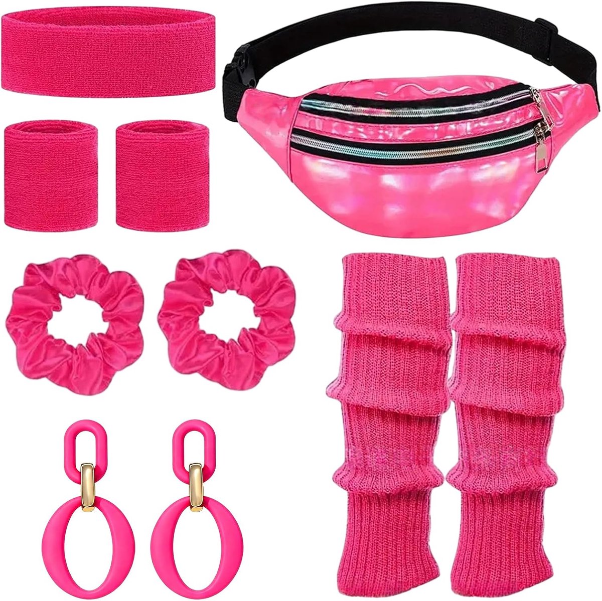 80s outfit dames retro kostuum kleding accessoires jaren 90 kleding accessoires kostuum hoofdband, beenwarmers, oorbellen, riemtas en bril voor carnaval