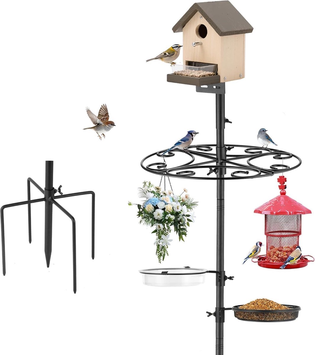 Vogelvoederstangstandaard met halfronde haak - vogelvoederstationset voor buiten: vogelhuisframe, gaasbak en windbestendige waterbak met metalen kliksluiting