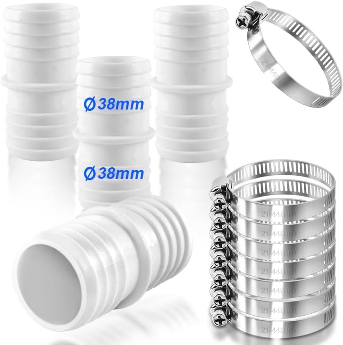 4 stuks zwembadslangconnectoren 38 mm, slangaansluiting 38 op 38 mm, zwembadadapter met 8 slangklemmen, adapter voor zwembadslang, dubbele slangtuit