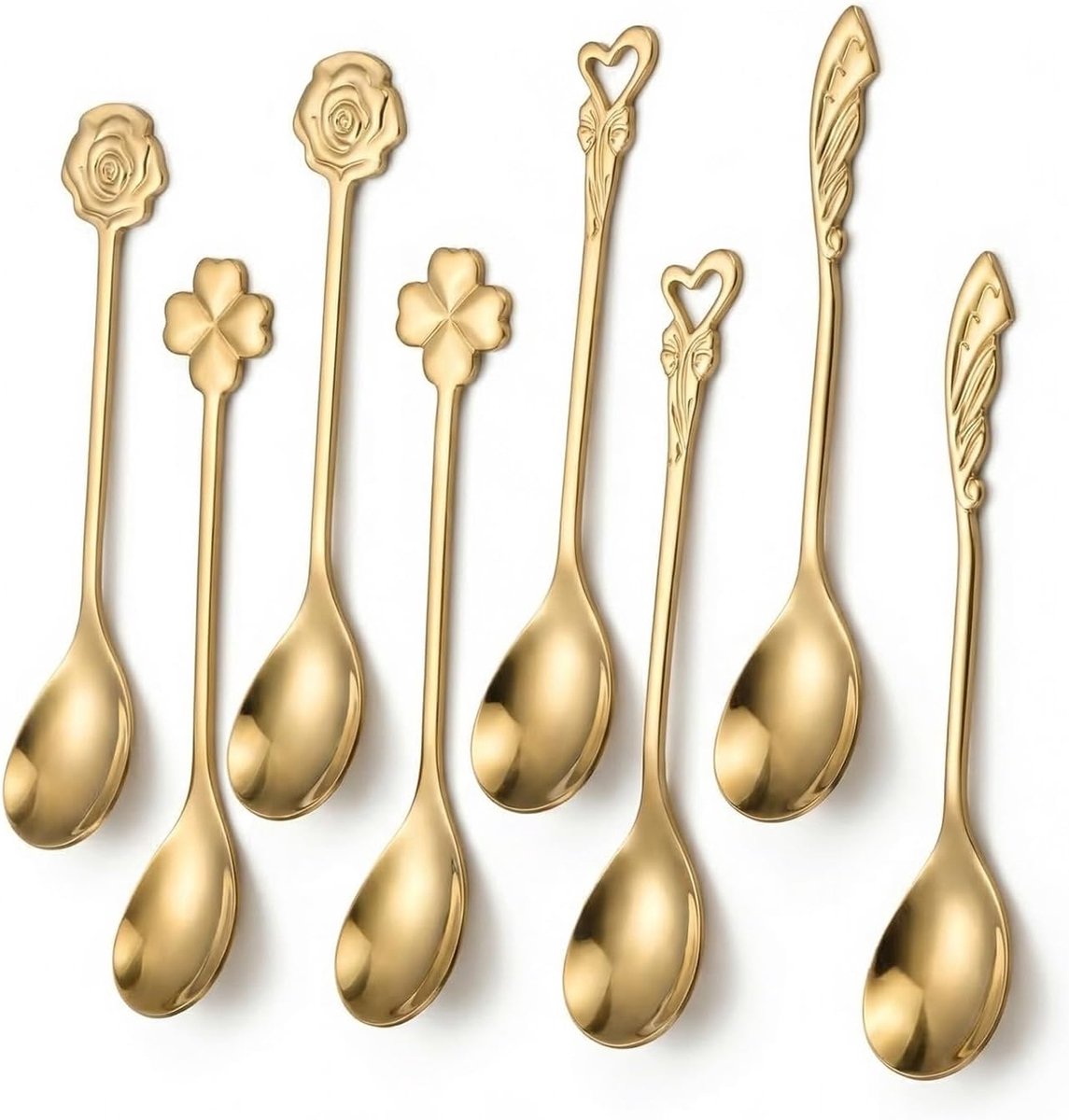 Koffielepels van roestvrij staal, 12,5 cm kleine gouden lepels, theelepels espressolepels dessertlepels, koffielepels in vormen van klavertjevier, roos, vleugel en hart