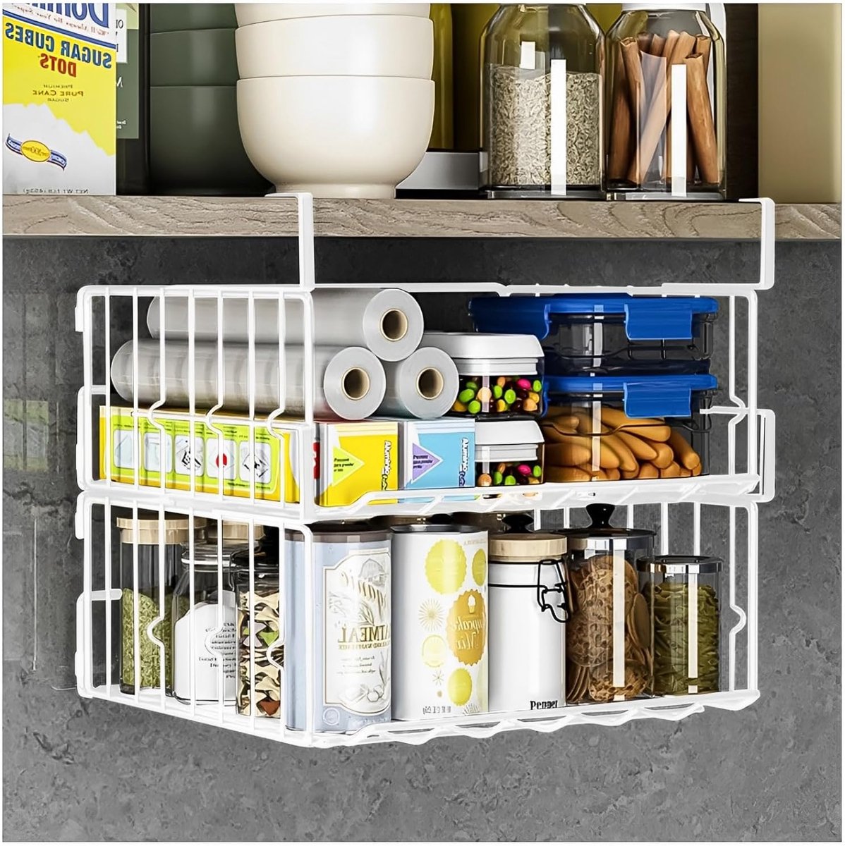 Opbergmand onder plank, 2 stuks, 32 cm, metalen plank voor onder kast, hangende draadmandplanken, opbergmand voor keuken, voorraadkast, boekenplank