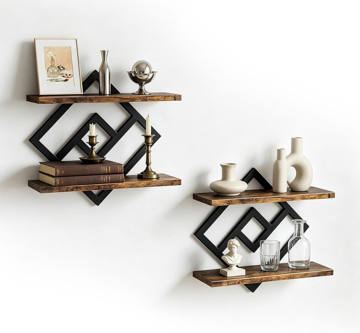 Set van 2 wandplanken, hout en metaal, zwevend rek, wandrek, 2 verdiepingen, hangplanken voor woonkamer, slaapkamer, keuken, kantoor (zwart) (ruit)