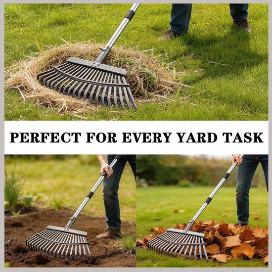 Hark, tuinhark, metaal, met 180 cm roestvrijstalen steel, hark, bladhark voor tuin, gazon, struik, gras, mulch, robuust — afbeelding 5