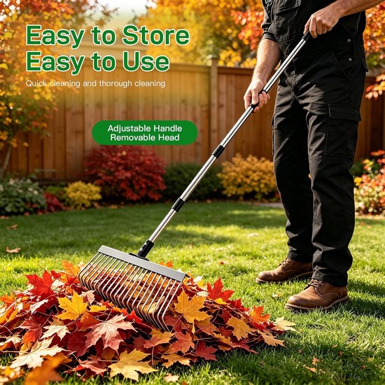 Hark, tuinhark, 21 tanden, 160 cm, metalen hark, 4-traps verstelbare handgreep en afneembare hark, voor wieden, bemesten, tuinhark, bladeren, gras, bodem, tuin en gazon — afbeelding 4