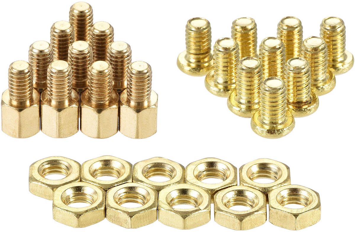 sourcing map M4 zeskant messing afstandhouder afstandhouder 6 mm + 6 mm mannelijk vrouwelijk met schroefdraadschroeven en moeren tas voor PCB moederbord computer printplaat 10 sets
