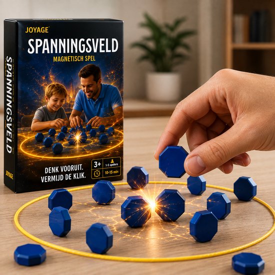 Een hand legt een blauwe steen op een geel touw in het Spanningsveld magnetisch spel.