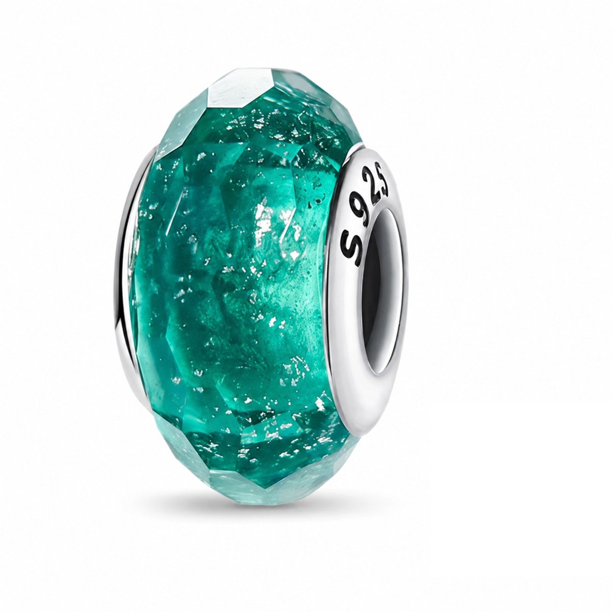 RomyStones Basic Bedel – Turquoise Groene Facet Glaskraal – 925 Sterling Zilver – Voor 3 mm Bedelarmband