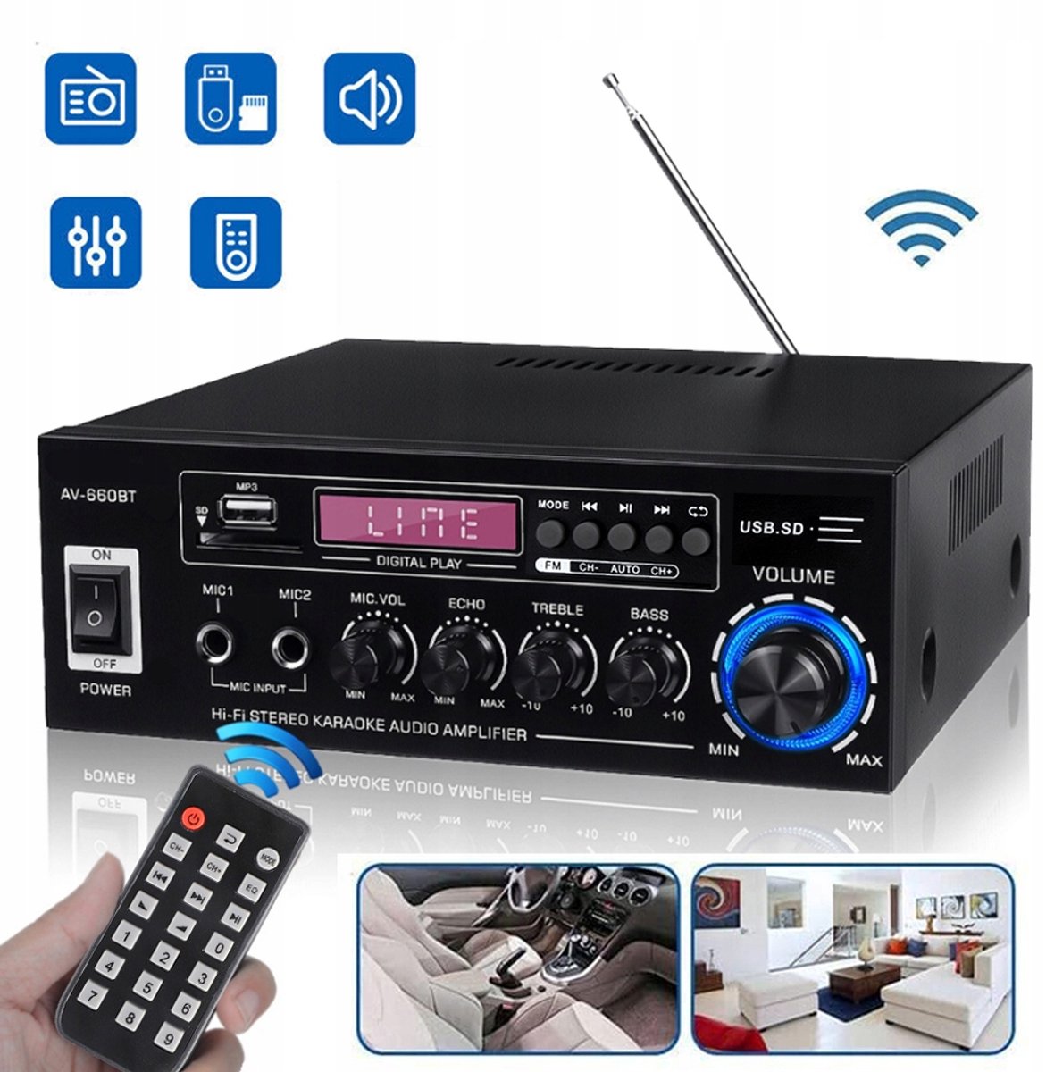 Bluetooth 5.0 Versterker 40W - 2.0 Stereo & FM USB SD - 220V & 12V Voeding - Metalen Behuizing & LED Display - Incl. Afstandsbediening & EU-stekker - Voor Thuis, Desktop & Karaoke