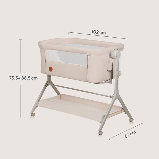 Lit cododo beige avec dimensions : longueur 102 cm, largeur 67 cm, hauteur 75,5-88,5 cm.